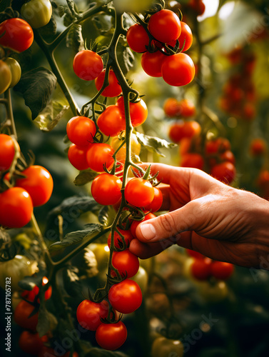 Close up of a hand reaching to red ripe cherrie tomatoes plant, blurry greenhouse background