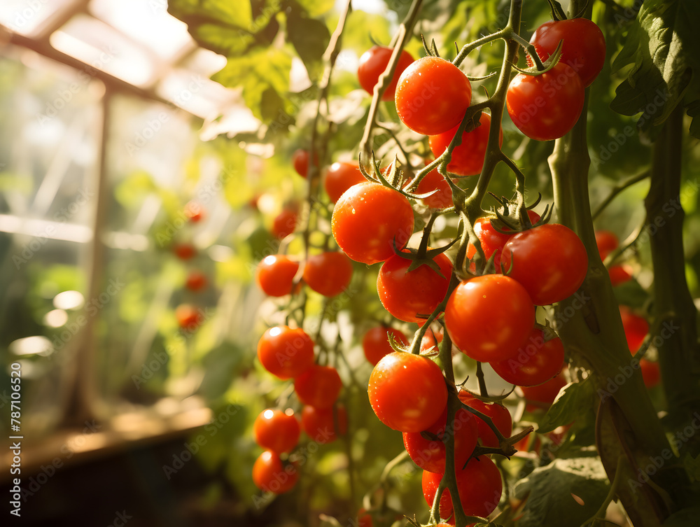 Red ripe cherrie tomatoes plants  growing in a greenhouse 