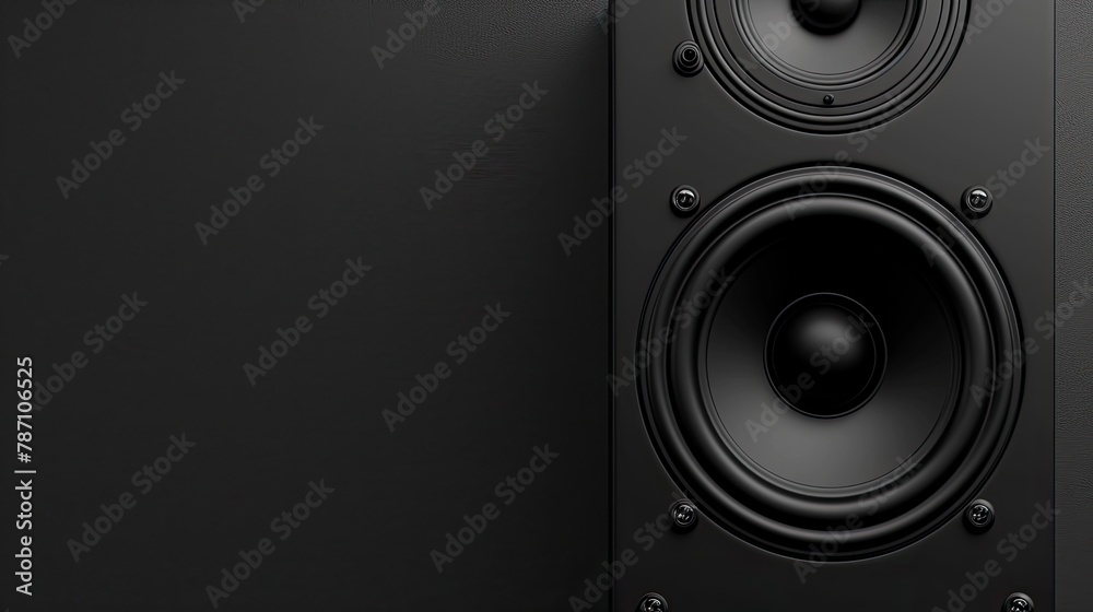Black music speaker on a dark background. Empty space for your design Black music speaker on a dark background. Empty space for your design