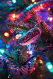 Colorful Snake Entwined in Festive Christmas Tree Lights