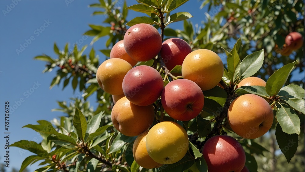 A vibrant fruit tree laden with ripe, colorful fruits under a clear blue sky Generative AI