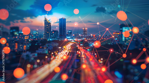 Modern creative telecommunication and internet network connect in smart city, Rounded abstract cityscape network connection, internet and global connection, Modern city with wireless network 