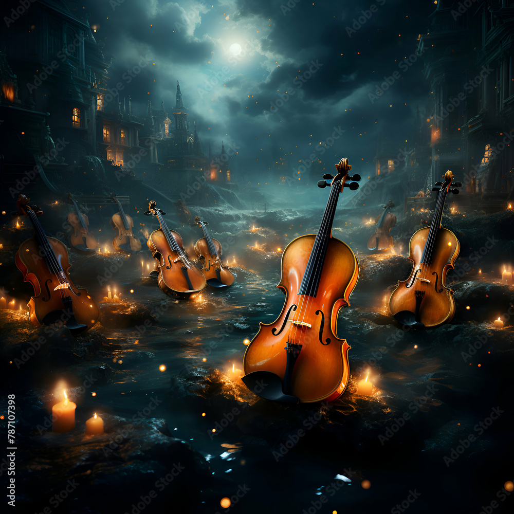 3d render of violin and fiddle on the dark night background