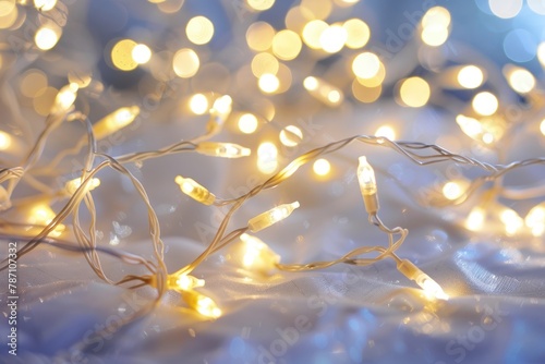 A tangle of white string lights shines brightly © dashtik