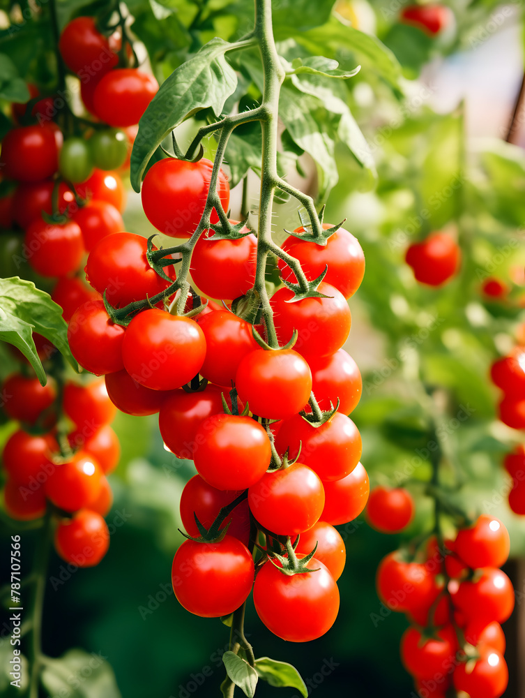 Close up of red ripe cherrie tomatoes growing in a greenhouse 