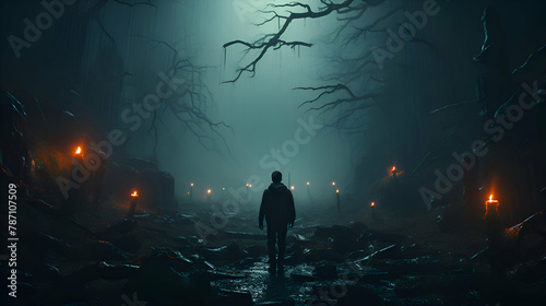 Man in the dark forest at night. Halloween concept. 3D Rendering