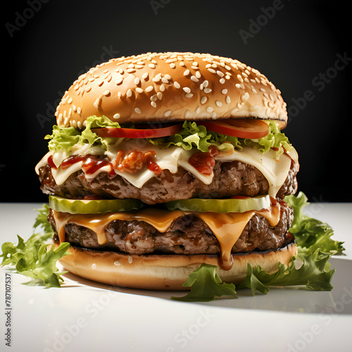 hamburger with bacon and cheese on a black background. close up