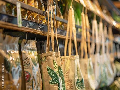 Array of eco-friendly reusable bags hanging in a retail store, focus on simplicity and usability, ideal for environmental marketing