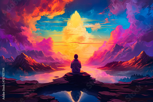 A man is sitting on a bench in front of a colorful sky.