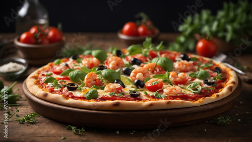 Pizza with shrimps on wooden table