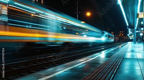 Nighttime train passing through station with motion blur effect capturing the energy and movement of urban transportation