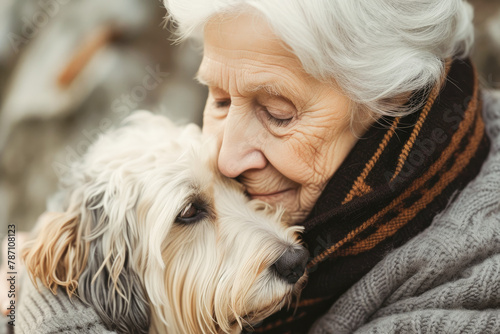 Portrait of a relaxed senior woman hugging dog sitting on a couch and enjoying retirement in her living room. Friendship between a woman and a dog. Concept of pet and owner love. 