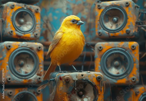Yellow bird sitting on speaker in front of many speakers photo