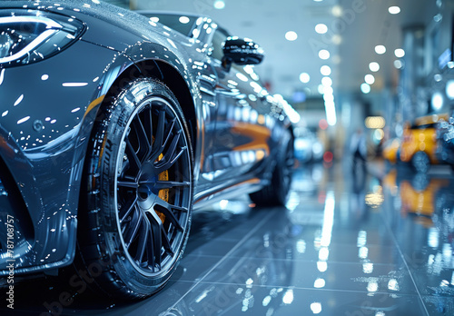 Car in the showroom, blurry background of cars for sale, closeup on car wheels and interior © Vadim