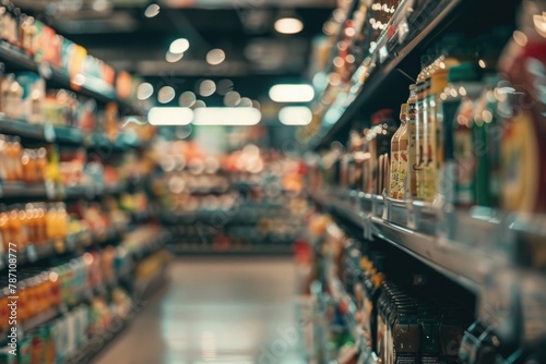 Supermarket Aisles with Colorful Products in Soft Focus Background © dashtik