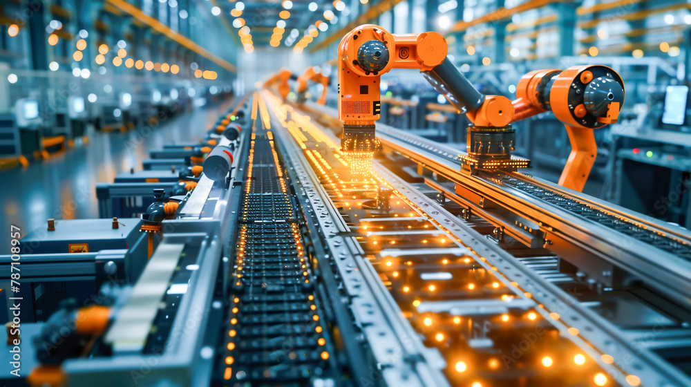 Mechanized industry robotic arms for assembly in factory production. Artificial intelligence for industrial revolution and hi-technology automation manufacturing process Mechanized industry robotic arms for assembly in factory production. Artificial intelligence for industrial revolution and hi-technology automation manufacturing process