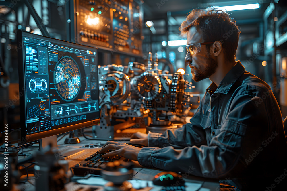 View of the Mechanical Engineer Designing 3D Engine Model on Personal Computer. Professional Working At the Factory. View of the Mechanical Engineer Designing 3D Engine Model on Personal Computer. Professional Working At the Factory.