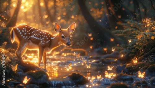 A carnivore lurks in the darkness of a forest landscape, observing a deer standing by a stream surrounded by fireflies. Its fur and tail blend with the natural landscape photo