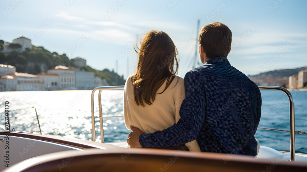 Fototapeta premium Their love is bigger than the ocean. Rearview shot of an affectionate young couple enjoying a boat ride on the lake.