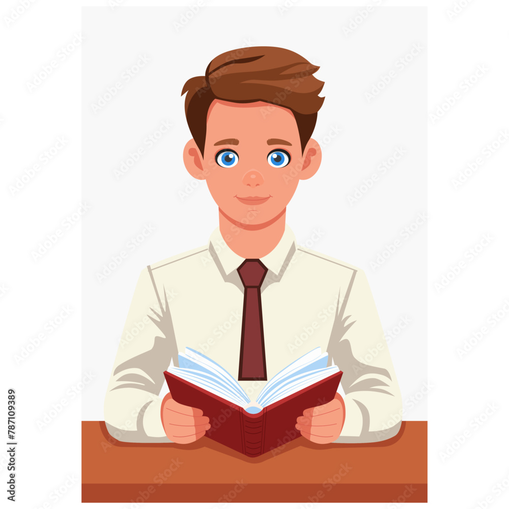 Guy-student reading a book at the desk. Vector. Cartoon concept of studying, working, practicing and getting a profession, internship in an office.