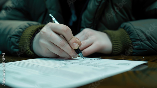 A close view of a persons hand holding a pen, filling out paperwork on a wooden surface