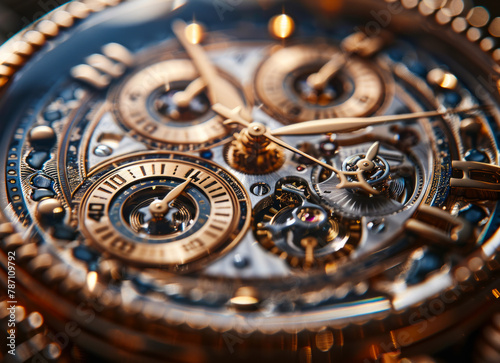 Mechanism clockwork of watch with jewels close-up. Vintage luxury background. Time work concept.