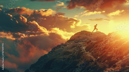 A man stands atop a mountain as the sun sets, casting a warm golden glow over the landscape surrounding him