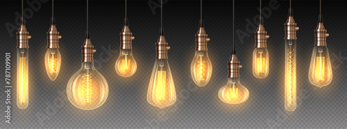 Glowing incandescent lightbulbs 3d realistic vector illustration set. Bright illumination equipment design. Lamps on transparent background