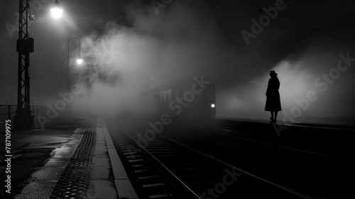 A person standing on a train track engulfed in thick fog, creating a mysterious and potentially dangerous atmosphere photo