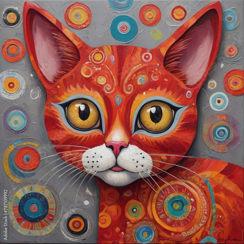 Vibrant Close-Up Portrait of an Red Tabby Cat With Abstract Circular Patterns