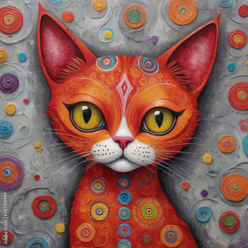 Vibrant Close-Up Portrait of an Red Tabby Cat With Abstract Circular Patterns