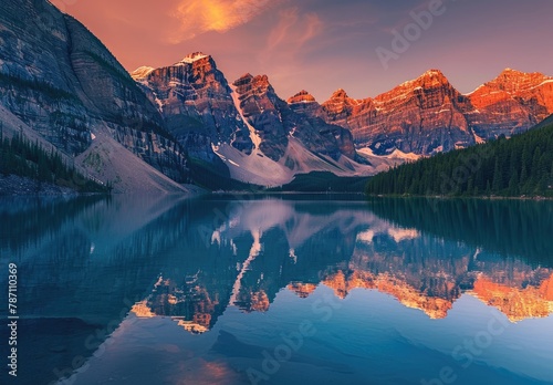 A stunning photograph of the majestic Moraine Lake in Canada surrounded by towering mountains and lush green forests reflecting on its crystal clear waters at sunset photo