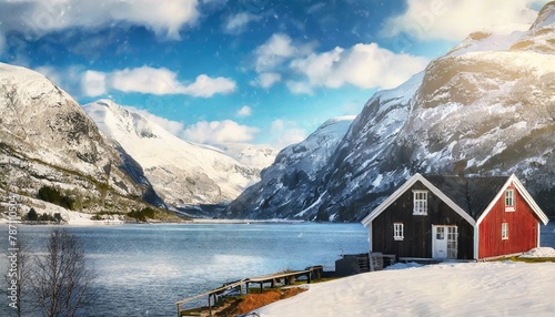 Wallpapers Cozy cabin nestled along the Norwegian fjords  surrounded by snow-capped peaks.