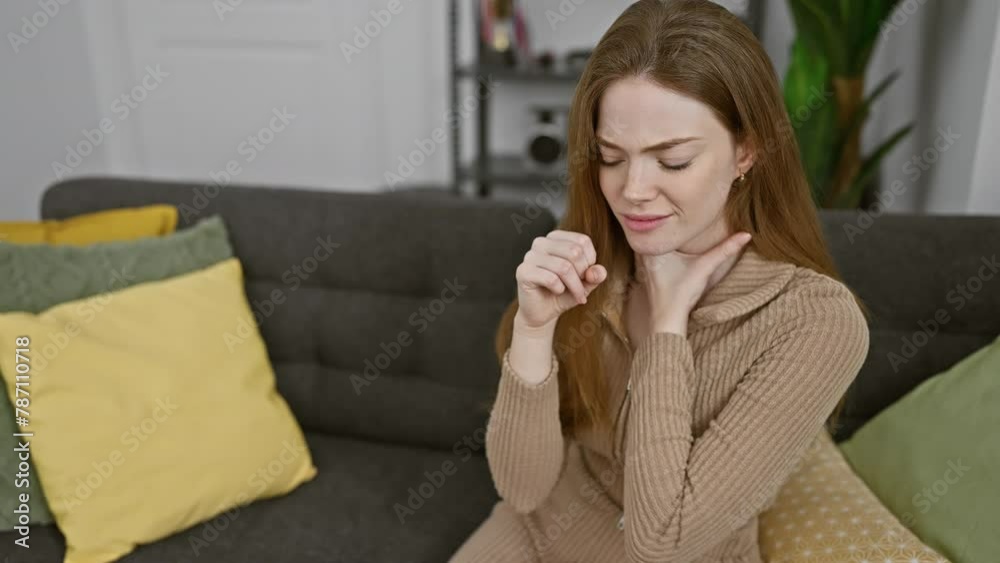 Blonde beauty in pajamas battling bronchitis at home, young woman coughing, unwell with cold, highlighting crucial need for health care Blonde beauty in pajamas battling bronchitis at home, young woman coughing, unwell with cold, highlighting crucial need for health care