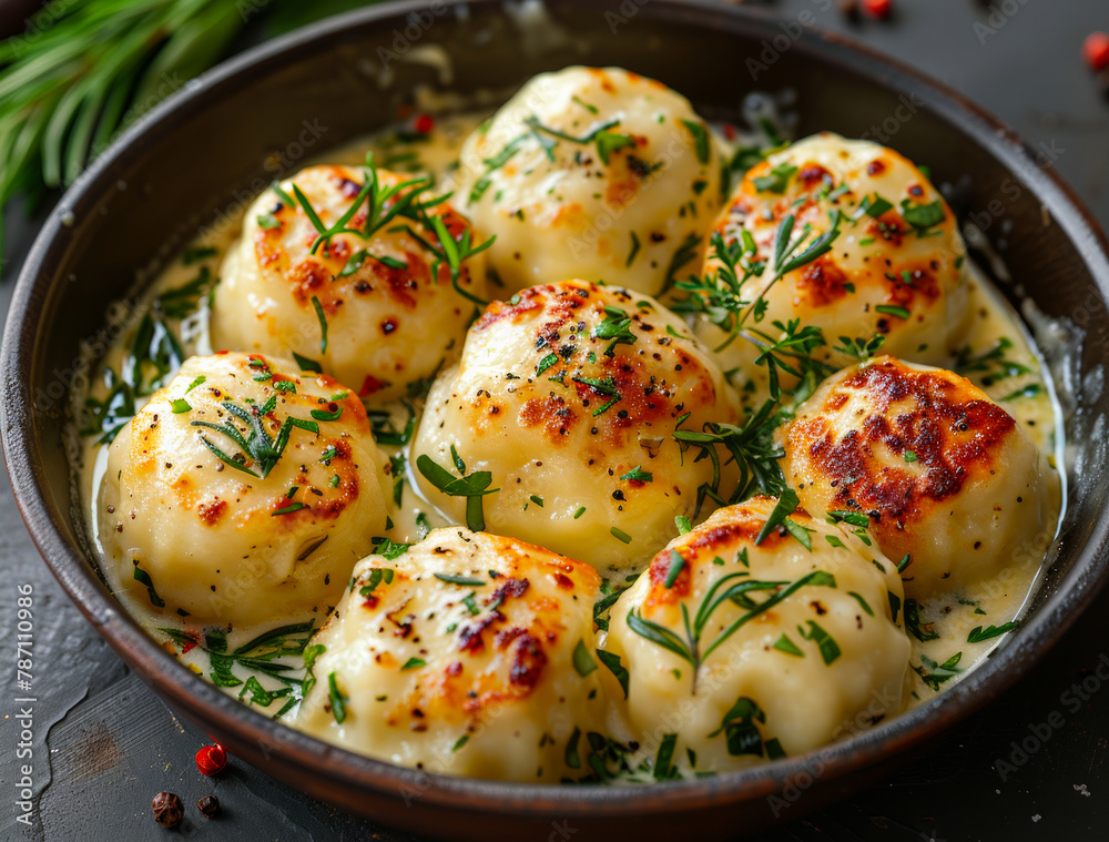 Traditional Polish dumplings - knedlik with sour cream and dill in bowl on dark concrete background Traditional Polish dumplings - knedlik with sour cream and dill in bowl on dark concrete background