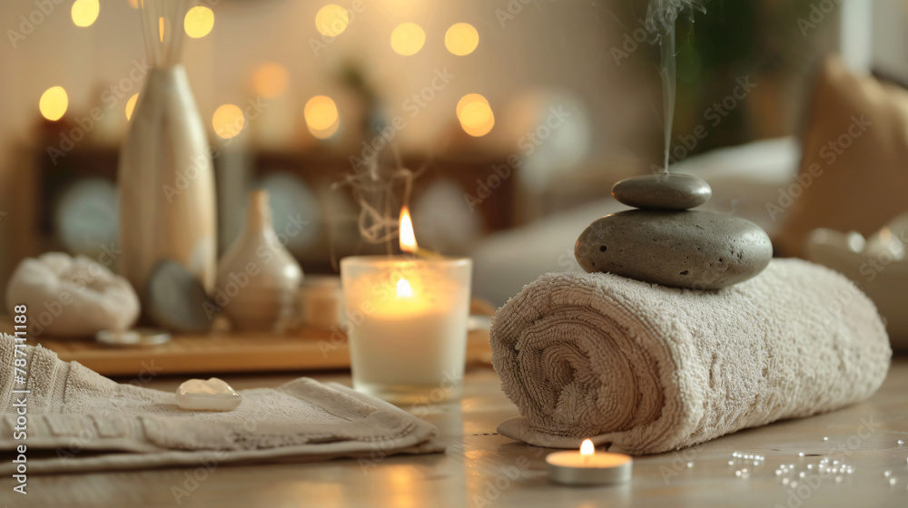Spa composition. Rolled towels aroma diffuser massage