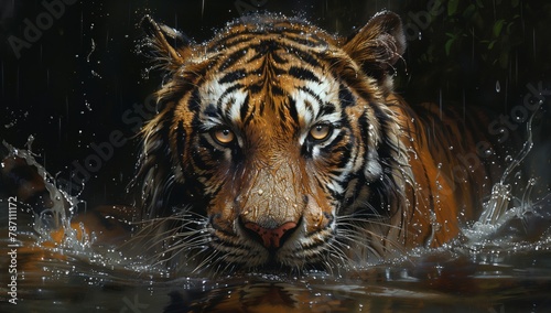 A Bengal tiger, a carnivorous organism of the Felidae family and a terrestrial animal, is swimming in the water, its whiskers glistening as it gazes at the camera