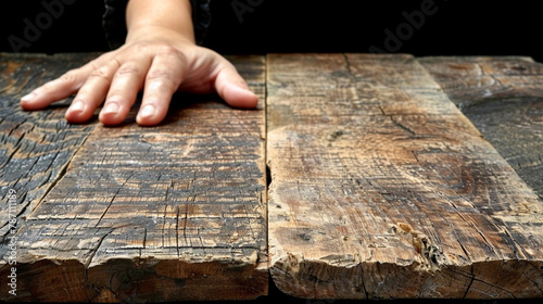 A hand resting on a wooden table © weerasak