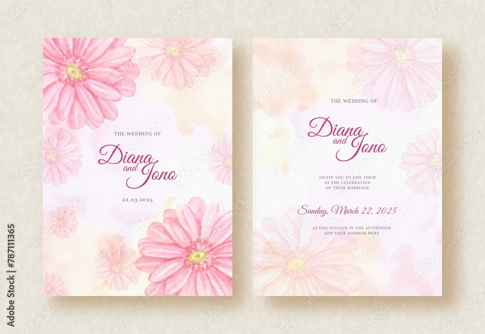 Pink Daisy Flower Painting With Splash Wedding Invitation Background