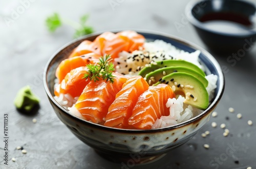 Bowl of Sushi With Avocado on Table