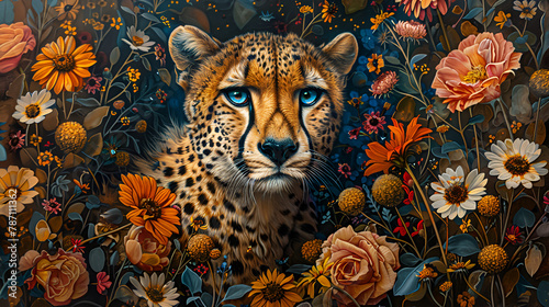 a painting of a cheetah surrounded by wildflowers, generative Ai