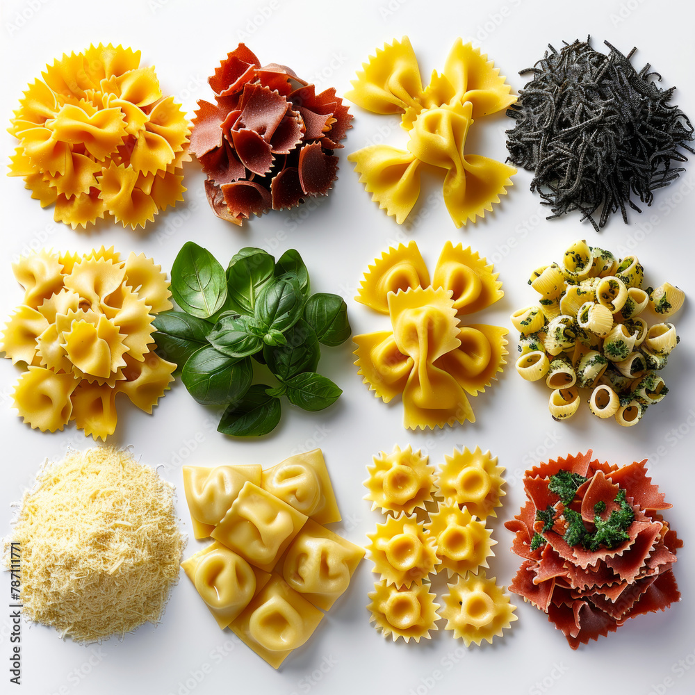 Different types of pasta on white background