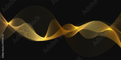 Gold abstract waves, golden line landscape vector illustration isolated on black background. Luxury glitter shiny swirls pattern. Elegant modern design element