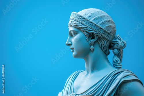 Woman Greek Ancient Sculpture with blue pastel background with Copy space. Antique female goddess. Girl statue in profile. Minimalistic modern trendy y2k style