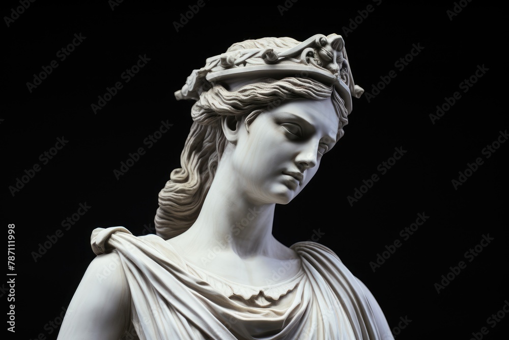 Gypsum copy of Ancient Statue Venus head isolated on black background. Plaster white Sculpture Woman face.