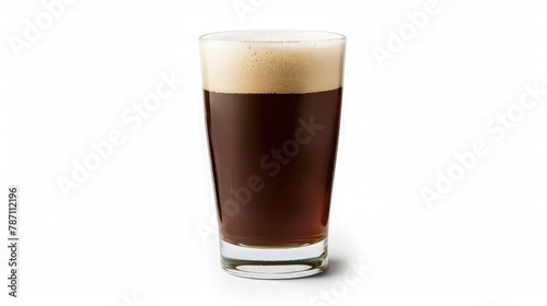 Freshly pulled pint of Stout with its frothy head in a traditional pint glass. Isolated on white with a small shadow.