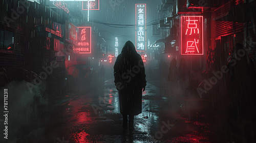 A person wearing a black trenchcoat and gas mask walking, generative Ai photo