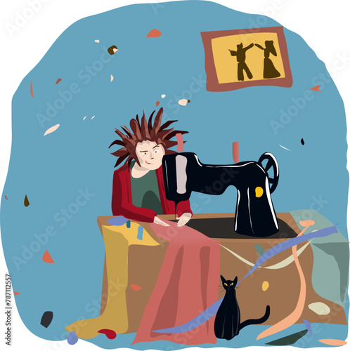 Alarmed shaggy seamstress sews something in the mess of the apartment. Vector illustration: A sewing machine and an enthusiastic seamstress oblivious to her appearance and the surrounding clutter