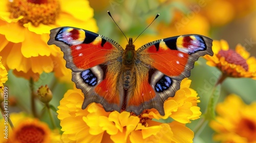 Peacock butterfly sitting on Marigold blossoms in a rural area during the warmer months