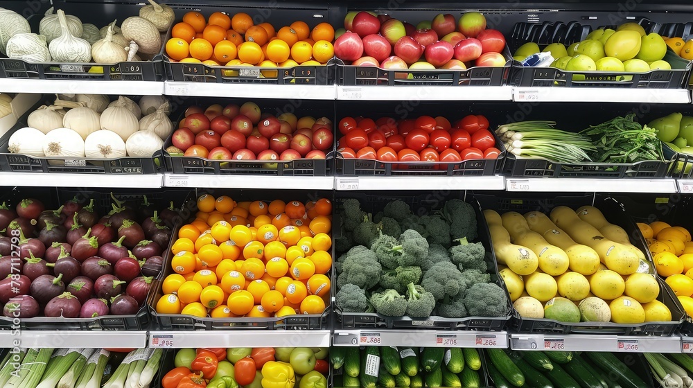 Fruit and vegetables on the supermarket shelves.